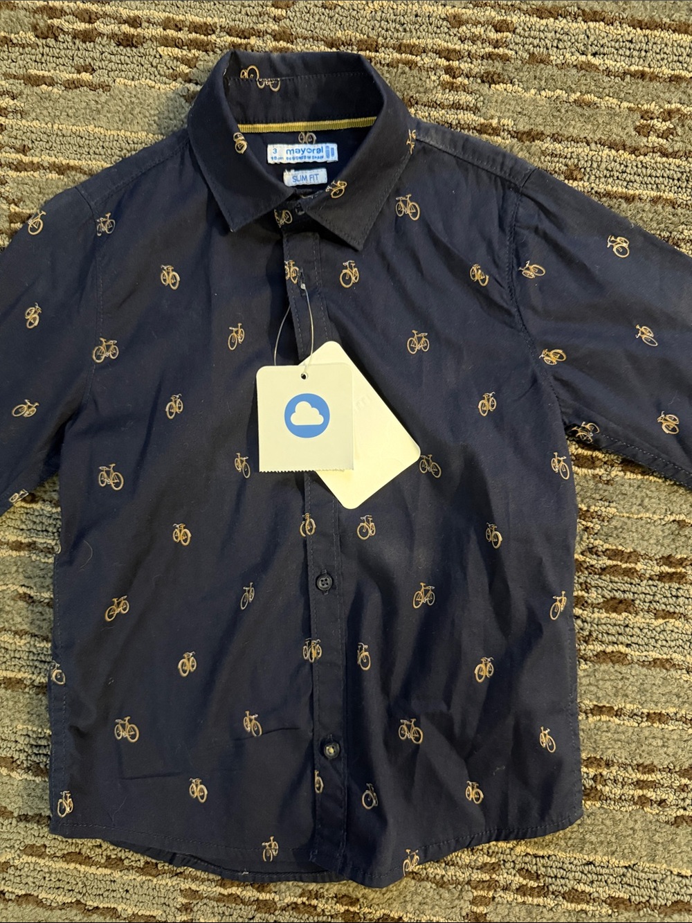 Mayoral Navy Button-Down Shirt with Gold Bicycle Print